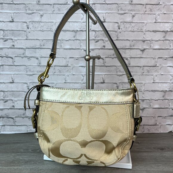 Y2K Coach Mini Zoe Handbag Beige Signature Jacquard Leather Shoulder Bag 41856 - Picture 1 of 7